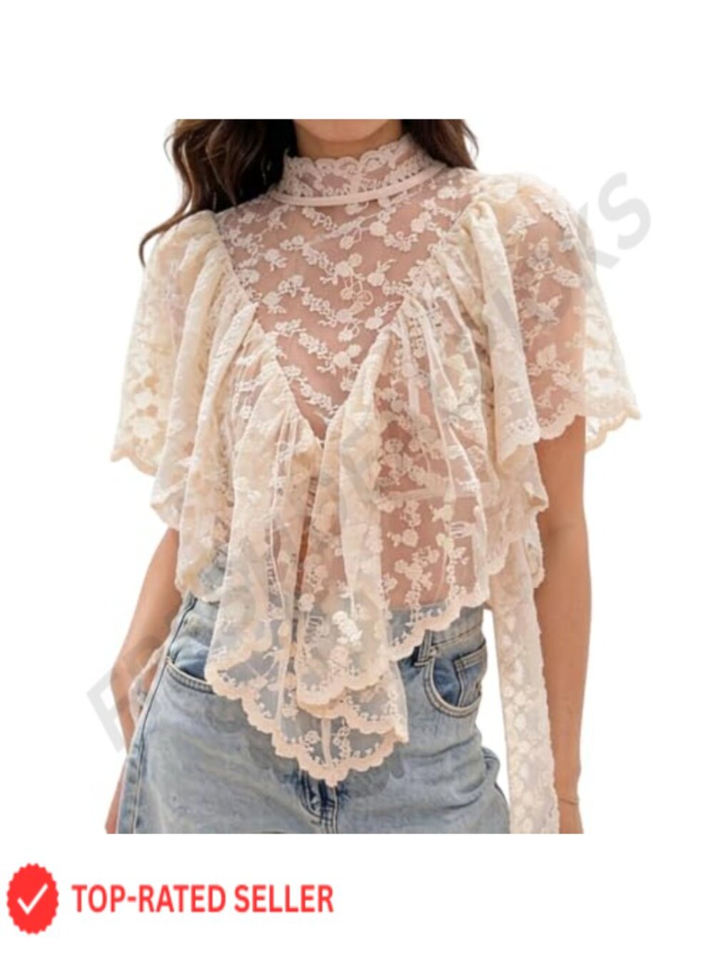 Womens Boho Lace Sheer Blouse Poncho Top Ruffle Hem Summer Cover Up